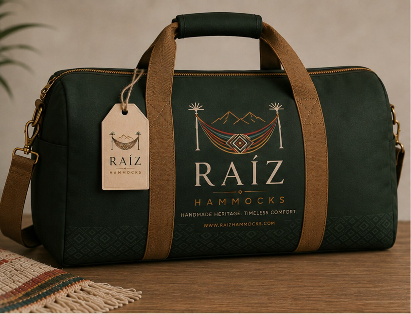 RAÍZ premium reusable luxury bag with a folded handwoven hammock inside