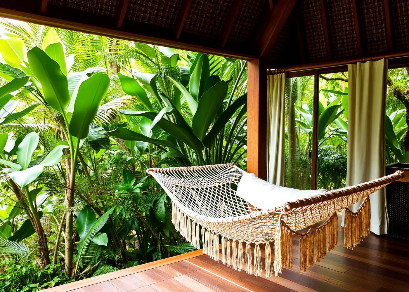 Handwoven hammock in an eco resort pavilion
