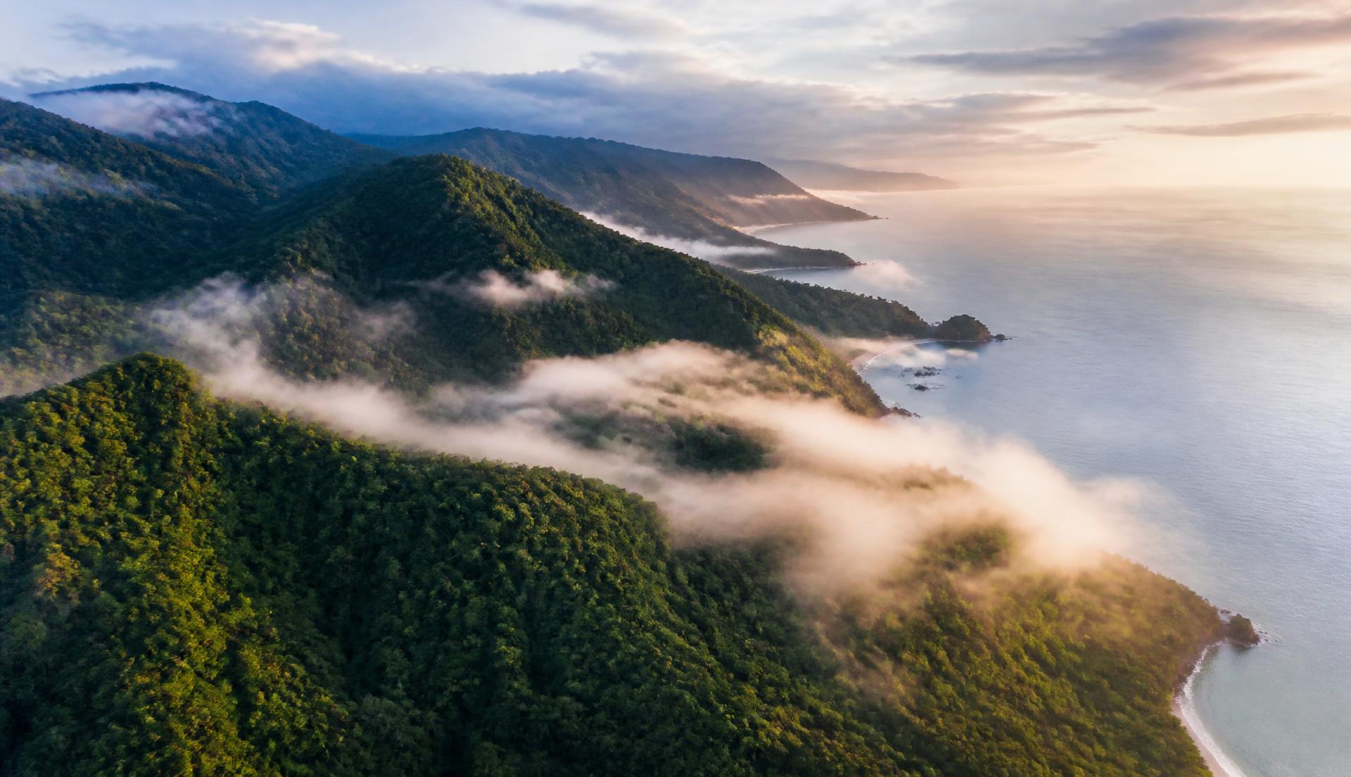 Aerial view of the Sierra Nevada de Santa Marta meeting the Caribbean coast